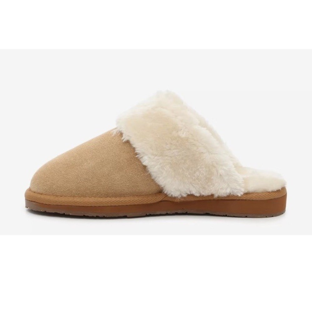 Minnetonka Carefree Scuff Tan Suede Faux Fur Trim Mules size 7 NEW Womens - Picture 5 of 11